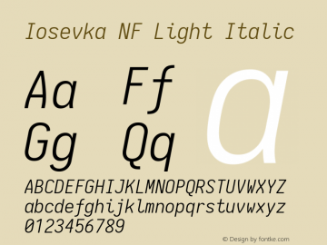 Iosevka Term Light Italic Nerd Font Complete Mono Windows Compatible 1.14.0; ttfautohint (v1.7.9-c794) Font Sample