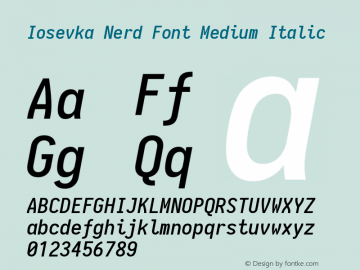 Iosevka Term Medium Italic Nerd Font Complete 1.14.0; ttfautohint (v1.7.9-c794) Font Sample