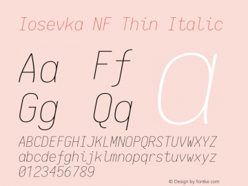 Iosevka Thin Italic Nerd Font Complete Windows Compatible 1.14.0; ttfautohint (v1.7.9-c794) Font Sample