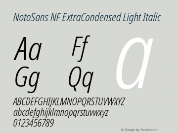 Noto Sans ExtraCondensed Light Italic Nerd Font Complete Windows Compatible Version 2.000;GOOG;noto-source:20170915:90ef993387c0; ttfautohint (v1.7) Font Sample