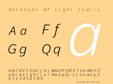 Noto Sans Light Italic Nerd Font Complete Mono Windows Compatible Version 2.000;GOOG;noto-source:20170915:90ef993387c0; ttfautohint (v1.7) Font Sample