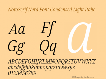 Noto Serif Condensed Light Italic Nerd Font Complete Version 2.000;GOOG;noto-source:20170915:90ef993387c0; ttfautohint (v1.7) Font Sample