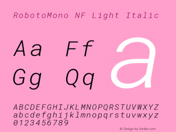 Roboto Mono Light Italic Nerd Font Complete Mono Windows Compatible Version 2.000986; 2015; ttfautohint (v1.3)图片样张