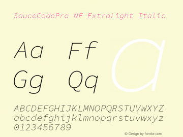 Sauce Code Pro ExtraLight Italic Nerd Font Complete Mono Windows Compatible Version 1.050;PS 1.000;hotconv 16.6.51;makeotf.lib2.5.65220 Font Sample