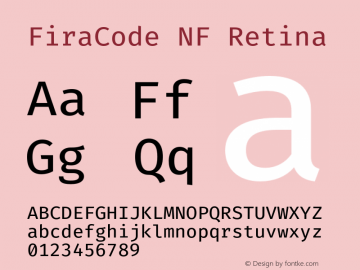 Fira Code Retina Nerd Font Complete Mono Windows Compatible Version 1.206;PS 001.206;hotconv 1.0.88;makeotf.lib2.5.64775 Font Sample