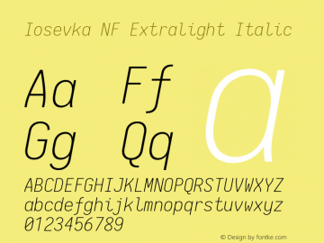 Iosevka Extralight Italic Nerd Font Complete Windows Compatible 2.1.0; ttfautohint (v1.8.2) Font Sample