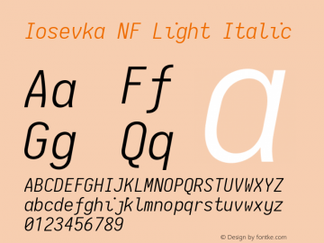 Iosevka Light Italic Nerd Font Complete Mono Windows Compatible 2.1.0; ttfautohint (v1.8.2) Font Sample