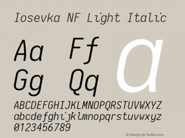 Iosevka Term Light Italic Nerd Font Complete Mono Windows Compatible 2.1.0; ttfautohint (v1.8.2) Font Sample