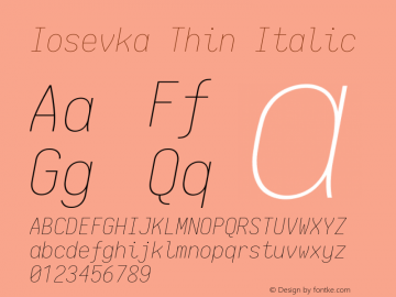 Iosevka Thin Italic 2.1.0; ttfautohint (v1.8.2) Font Sample
