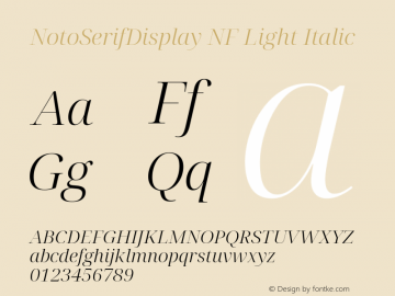 Noto Serif Display Light Italic Nerd Font Complete Windows Compatible Version 2.000;GOOG;noto-source:20170915:90ef993387c0; ttfautohint (v1.7) Font Sample