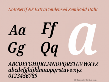 Noto Serif ExtraCondensed SemiBold Italic Nerd Font Complete Windows Compatible Version 2.000;GOOG;noto-source:20170915:90ef993387c0; ttfautohint (v1.7) Font Sample