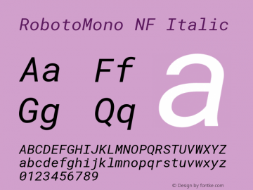 Roboto Mono Italic Nerd Font Complete Windows Compatible Version 2.000986; 2015; ttfautohint (v1.3)图片样张