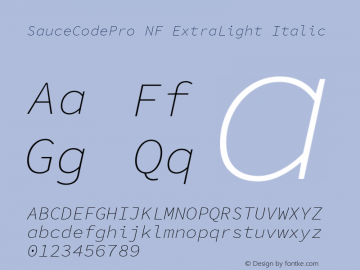 Sauce Code Pro ExtraLight Italic Nerd Font Complete Windows Compatible Version 1.050;PS 1.000;hotconv 16.6.51;makeotf.lib2.5.65220 Font Sample