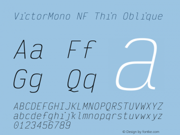 Victor Mono Thin Oblique Nerd Font Complete Mono Windows Compatible Version 1.121 Font Sample