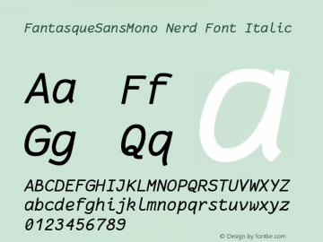 Fantasque Sans Mono Italic Nerd Font Complete Version 1.8.0 ; ttfautohint (v1.8.2) Font Sample
