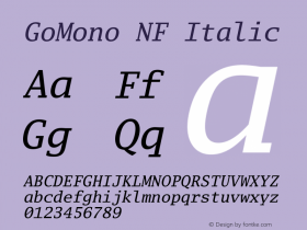 Go Mono Italic Nerd Font Complete Mono Windows Compatible Version 2.008; ttfautohint (v1.6) Font Sample