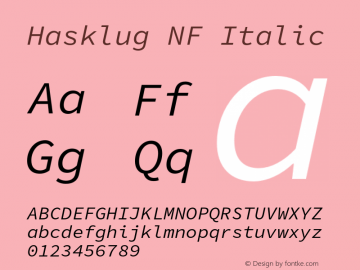 Hasklug Italic Nerd Font Complete Windows Compatible Version 1.030;PS 1.0;hotconv 16.6.51;makeotf.lib2.5.65220 Font Sample