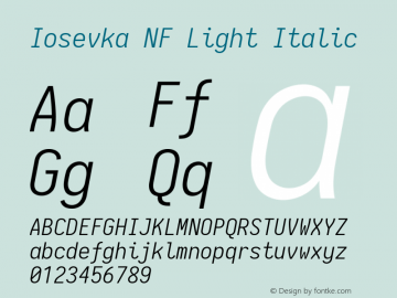 Iosevka Light Italic Nerd Font Complete Windows Compatible 2.1.0; ttfautohint (v1.8.2) Font Sample