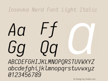 Iosevka Light Italic Nerd Font Complete 2.1.0; ttfautohint (v1.8.2) Font Sample