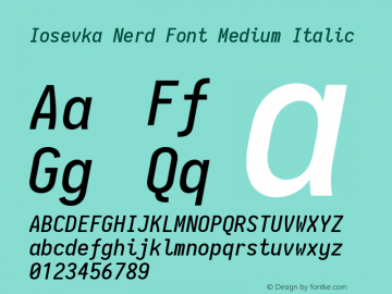 Iosevka Medium Italic Nerd Font Complete 2.1.0; ttfautohint (v1.8.2) Font Sample