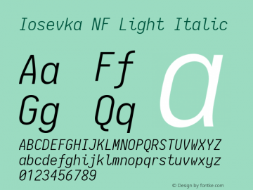 Iosevka Term Light Italic Nerd Font Complete Mono Windows Compatible 2.1.0; ttfautohint (v1.8.2) Font Sample