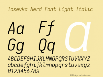 Iosevka Term Light Italic Nerd Font Complete 2.1.0; ttfautohint (v1.8.2) Font Sample