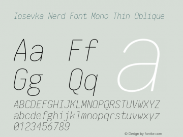 Iosevka Thin Oblique Nerd Font Complete Mono 2.1.0; ttfautohint (v1.8.2) Font Sample