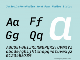 JetBrains Mono Medium Med Ita Nerd Font Complete Version 1.0.2; ttfautohint (v1.8.3) Font Sample