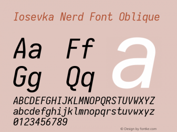 Iosevka Oblique Nerd Font Complete 1.14.2; ttfautohint (v1.7.9-c794) Font Sample