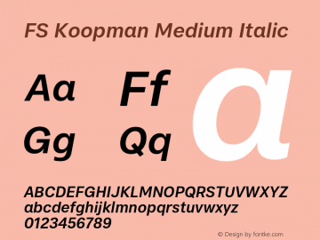 FSKoopmanMediumItalic Version 1.001;PS 001.001;hotconv 1.0.88;makeotf.lib2.5.64775; ttfautohint (v1.8) Font Sample
