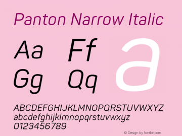 Panton Narrow Regular Italic Version 2.000;PS 002.000;hotconv 1.0.88;makeotf.lib2.5.64775图片样张