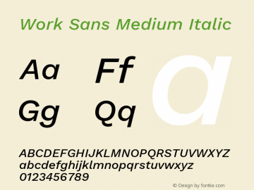 Work Sans Medium Italic Version 2.009; ttfautohint (v1.8.1.43-b0c9) Font Sample