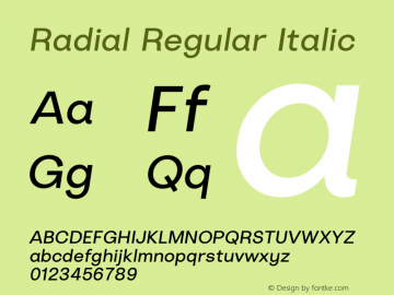 Radial Regular Italic Version 1.000;PS 1.0 Font Sample