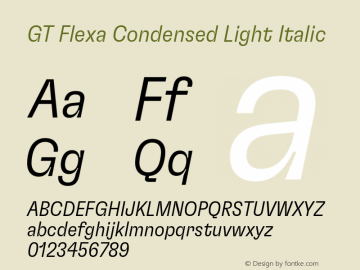 GT Flexa Condensed Light Italic Version 2.005;hotconv 1.0.109;makeotfexe 2.5.65596 Font Sample