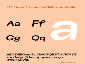 GT Flexa Expanded Medium Italic Version 2.005;hotconv 1.0.109;makeotfexe 2.5.65596 Font Sample
