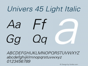 Univers 45 Light Italic OTF 1.0;PS 001.004;Core 1.0.22 Font Sample