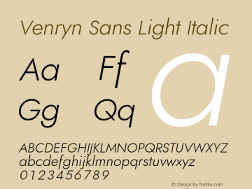 Venryn Sans Light Italic Version 3.002;August 31, 2020;FontCreator 13.0.0.2681 64-bit; ttfautohint (v1.6) Font Sample