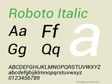 Roboto Italic Version 1.00000; 2011 Font Sample