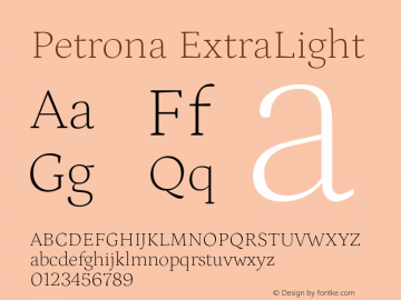 Petrona ExtraLight Version 1.002;hotconv 1.0.109;makeotfexe 2.5.65596图片样张