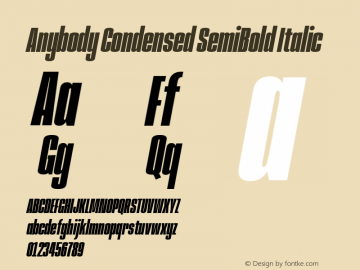 Anybody Condensed SemiBold Italic Version 1.000; ttfautohint (v1.8) Font Sample