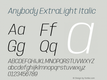 Anybody ExtraLight Italic Version 1.000; ttfautohint (v1.8)图片样张