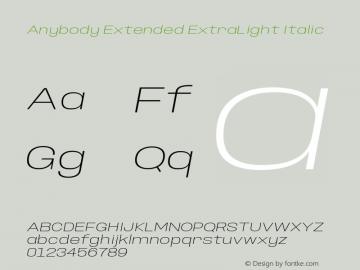 Anybody Extended ExtraLight Italic Version 1.000; ttfautohint (v1.8)图片样张