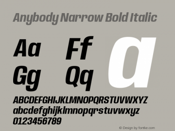 Anybody Narrow Bold Italic Version 1.000; ttfautohint (v1.8) Font Sample