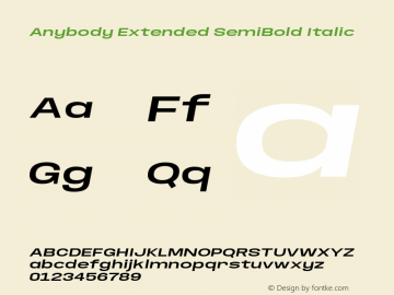 Anybody Extended SemiBold Italic Version 1.000; ttfautohint (v1.8) Font Sample