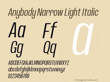 Anybody Narrow Light Italic Version 1.000; ttfautohint (v1.8)图片样张