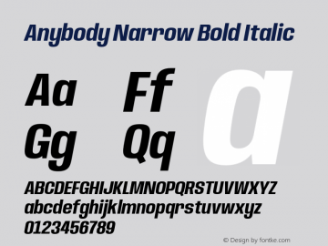 Anybody Narrow Bold Italic Version 1.000;hotconv 1.0.109;makeotfexe 2.5.65596 Font Sample