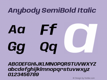 Anybody SemiBold Italic Version 1.000;hotconv 1.0.109;makeotfexe 2.5.65596图片样张