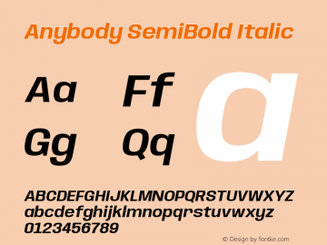 Anybody SemiBold Italic Version 1.000; ttfautohint (v1.8)图片样张