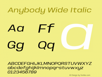 Anybody Wide Italic Version 1.000;hotconv 1.0.109;makeotfexe 2.5.65596 Font Sample