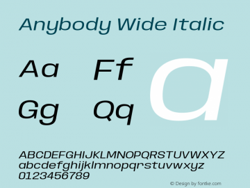 Anybody Wide Italic Version 1.000; ttfautohint (v1.8) Font Sample